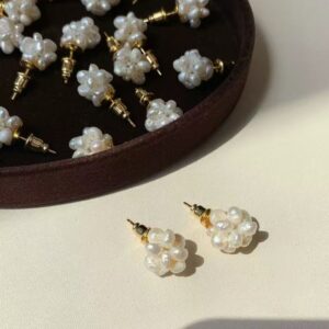 White embroidered ball fairy flower pearl earrings French retro niche temperament design earrings